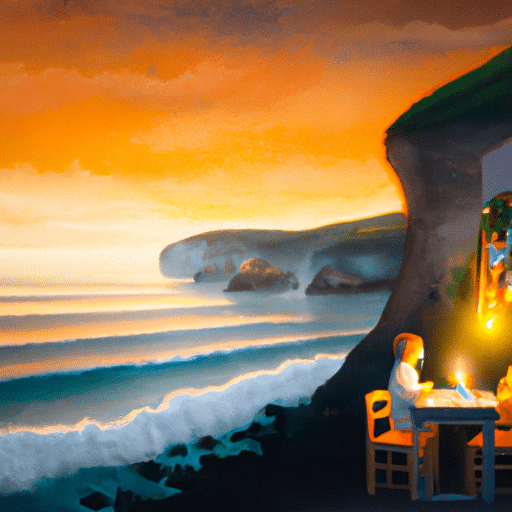 זוג נהנה מארוחת ערב לאור נרות במסעדת חובה לבקר בצוק, עם נוף מדהים לאוקיינוס.