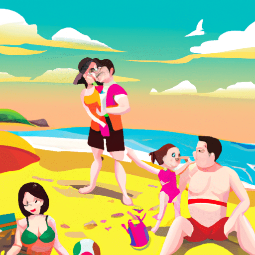 משפחה נהנית בשמחה מחופשת החוף התקציבית שלה, עם האוקיינוס ברקע