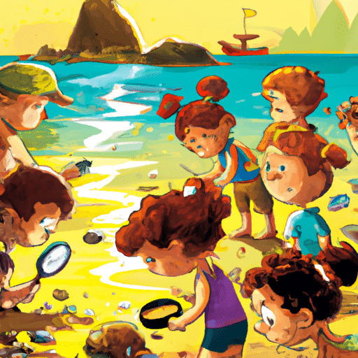 קבוצת ילדים משתתפת בציד נבלות על החוף, מחפשת אוצרות נסתרים לאורך החוף