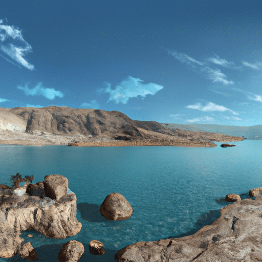 נוף פנורמי של ים המלח, המציג את מימיו הכחולים והשלווים ואת הנוף המדברי שמסביב.