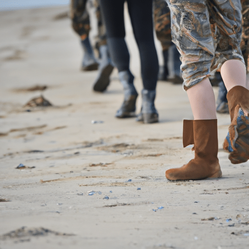 קבוצה של צעירים מסירים את המגפיים הצבאיות והולכים יחפים על החול.