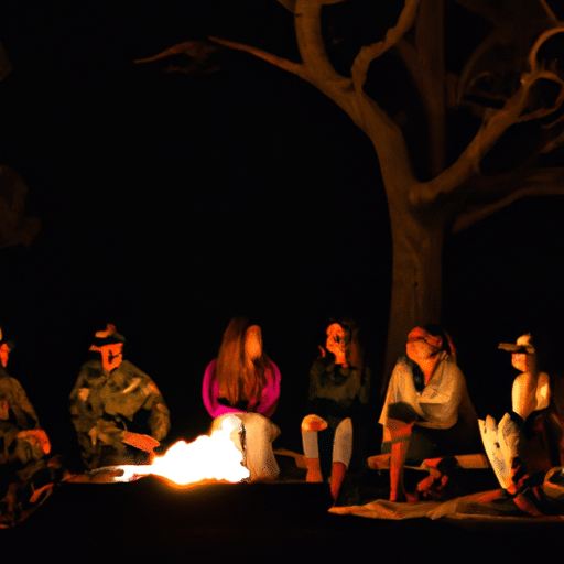 קבוצת חברים יושבת מסביב למדורה במקום מרוחק וחולקת סיפורים על חוויותיהם הצבאיות.
