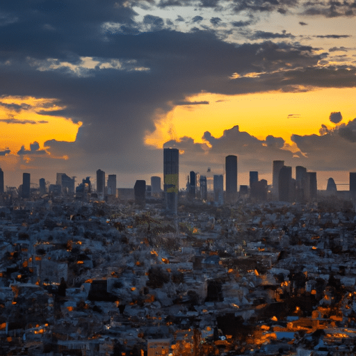 נוף פנורמי של קו הרקיע של תל אביב עם שקיעה יפה ברקע.