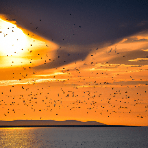 3. נוף שקיעה שליו של אחד מאגמי בורגס, עם להקת ציפורים שעפה על פני השמים.