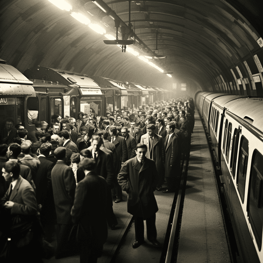 1. תמונה וינטג' בשחור-לבן המציגה את הסצנה ההומה של הרכבת התחתית של לונדון.