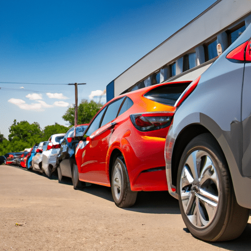 מגוון רכבים להשכרה חונים בשורה בסוכנות השכרת רכב בבורגס.