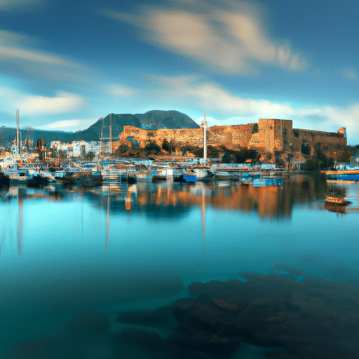 נוף פנורמי של עיירת הנמל הציורית קירניה, הכוללת את הטירה המדהימה שלה.