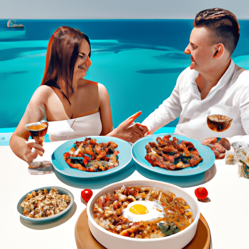 1. זוג נהנה מארוחה קפריסאית מפנקת על רקע הים התיכון התכול