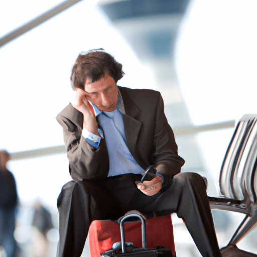 איש עסקים עסוק בודק את פוליסת ביטוח הנסיעות שלו בטלפון בזמן שהמתין בשדה התעופה