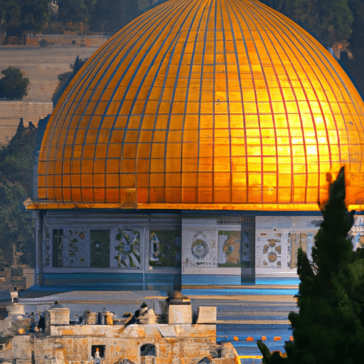 1. תמונה המתארת את גווני הזהב של כיפת הסלע בירושלים, כשברקע חומות העיר העתיקה.