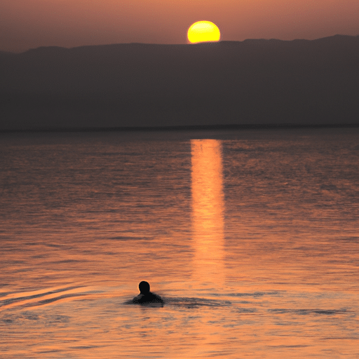 3. תמונה שלווה של אדם צף במימי ים המלח השלווים, כשברקע השמש שוקעת.
