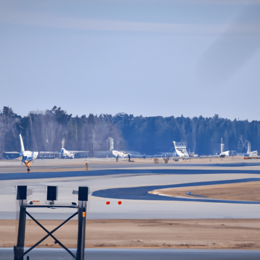 צילום פנורמי של מסלול שדה התעופה, עם מספר מטוסים בתור להמראה, המסמל עיכובים בטיסה