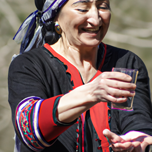 5. אישה מקומית בלבוש גאורגי מסורתי מציעה יין, המתארת אירוח גאורגי