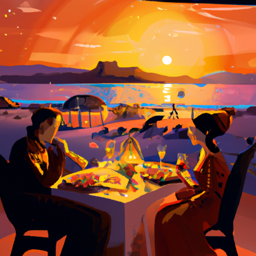 7. זוג מאושר נהנה מארוחת שקיעה על חוף הים, עם הכיתוב 'יוקרה משתלמת באילת'