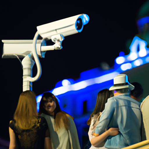 תיירים נהנים מהלילה שלהם עם מצלמות אבטחה גלויות ברקע