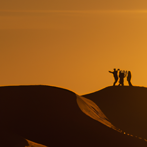 קבוצת מטיילים הנהנית משקיעה במדבר, המתארת את האיזון בין הנאה ובטיחות